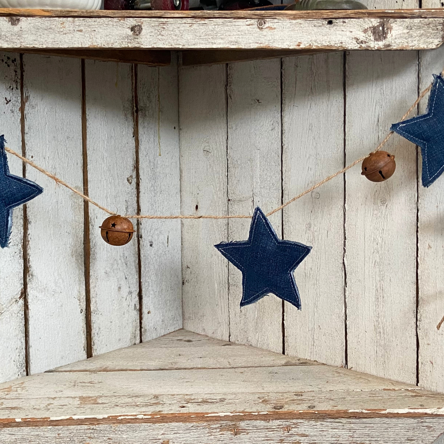 Denim Star Garland and Rustic Americana Bells for 4th of July Decor