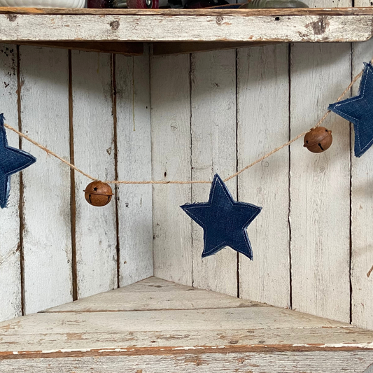 Denim Star Garland and Rustic Americana Bells for 4th of July Decor