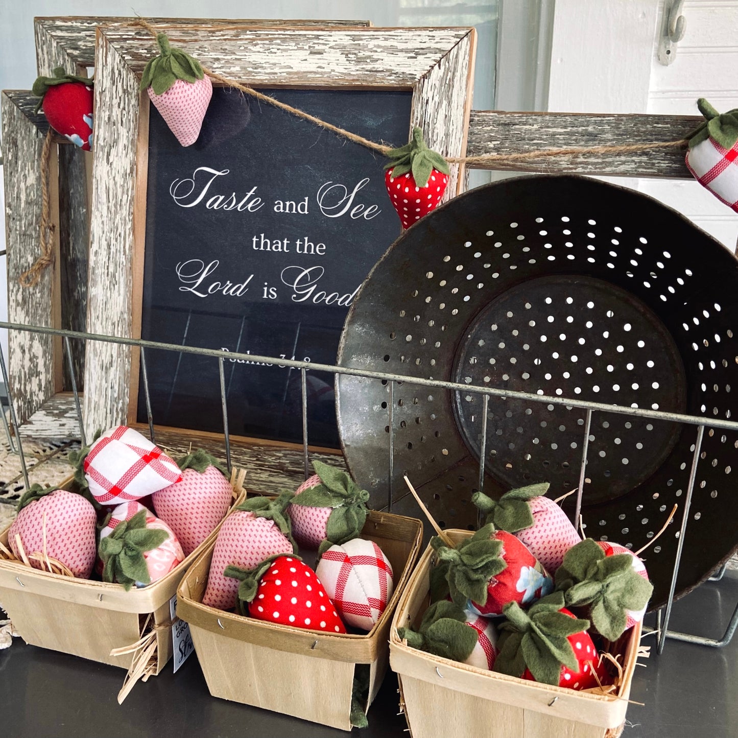 Fabric Strawberries from Vintage and Calico Prints for Tiered Trays Summer Farmhouse Decor