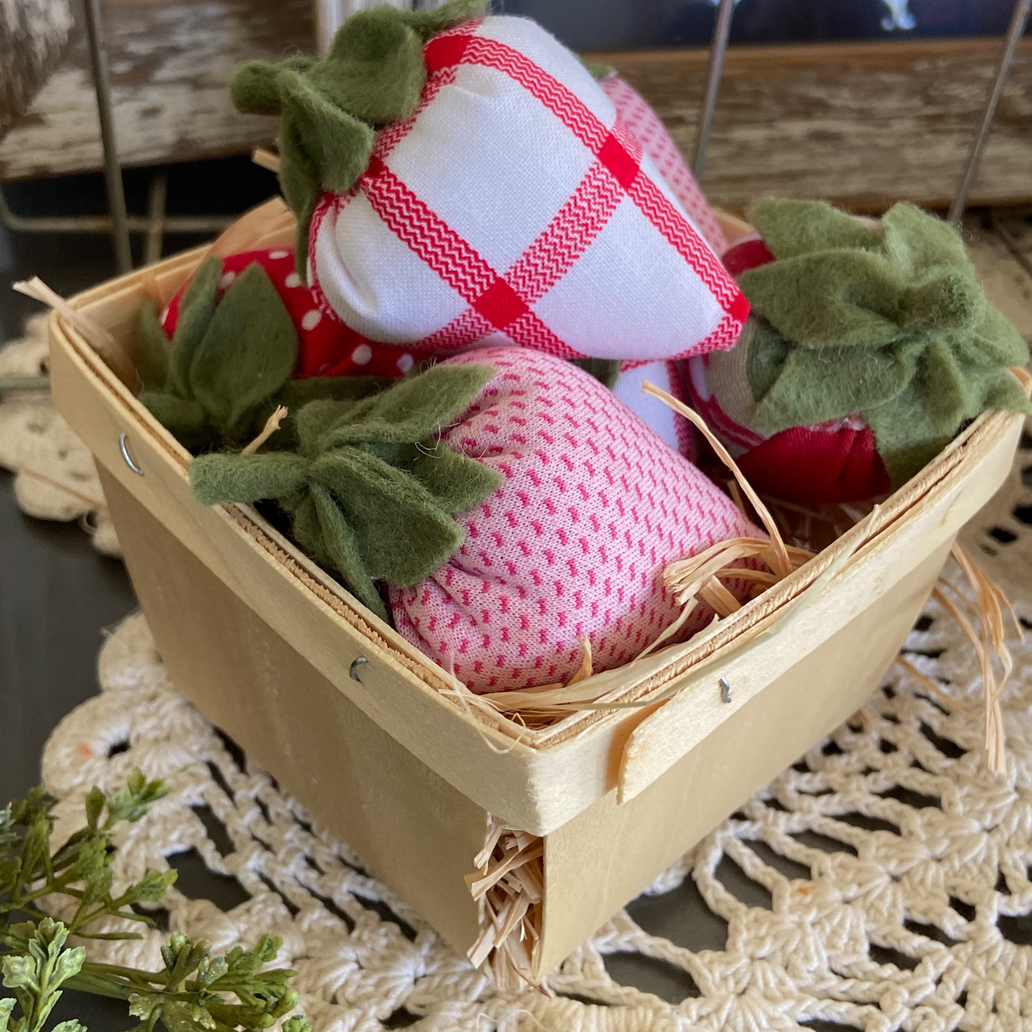 Fabric Strawberries from Vintage and Calico Prints for Tiered Trays Summer Farmhouse Decor
