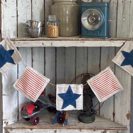 Patriotic Fabric Bunting Banner Red Stripe & Denim Stars for 4th of July Decor