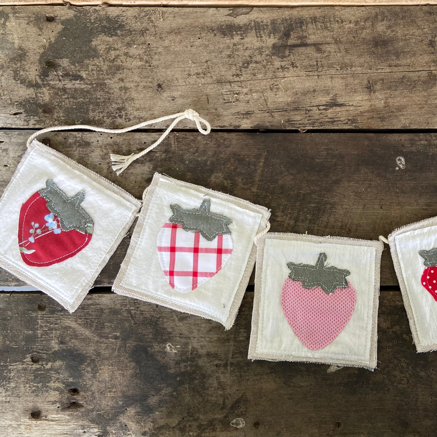 Canvas Strawberry Farmers Market Bunting Banner with Vintage Fabrics & Calico Prints
