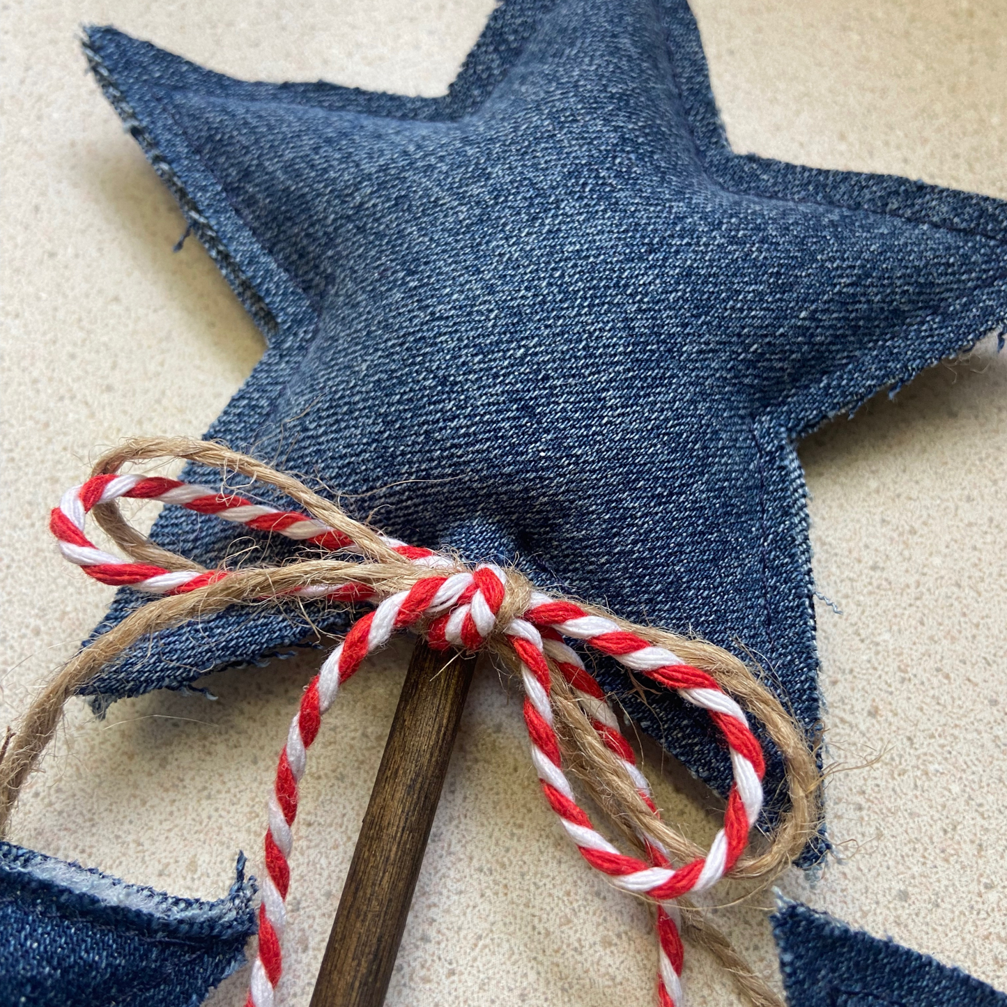 Patriotic Denim Star Wand with Twine Streamers for 4th of July Decor-set of 3