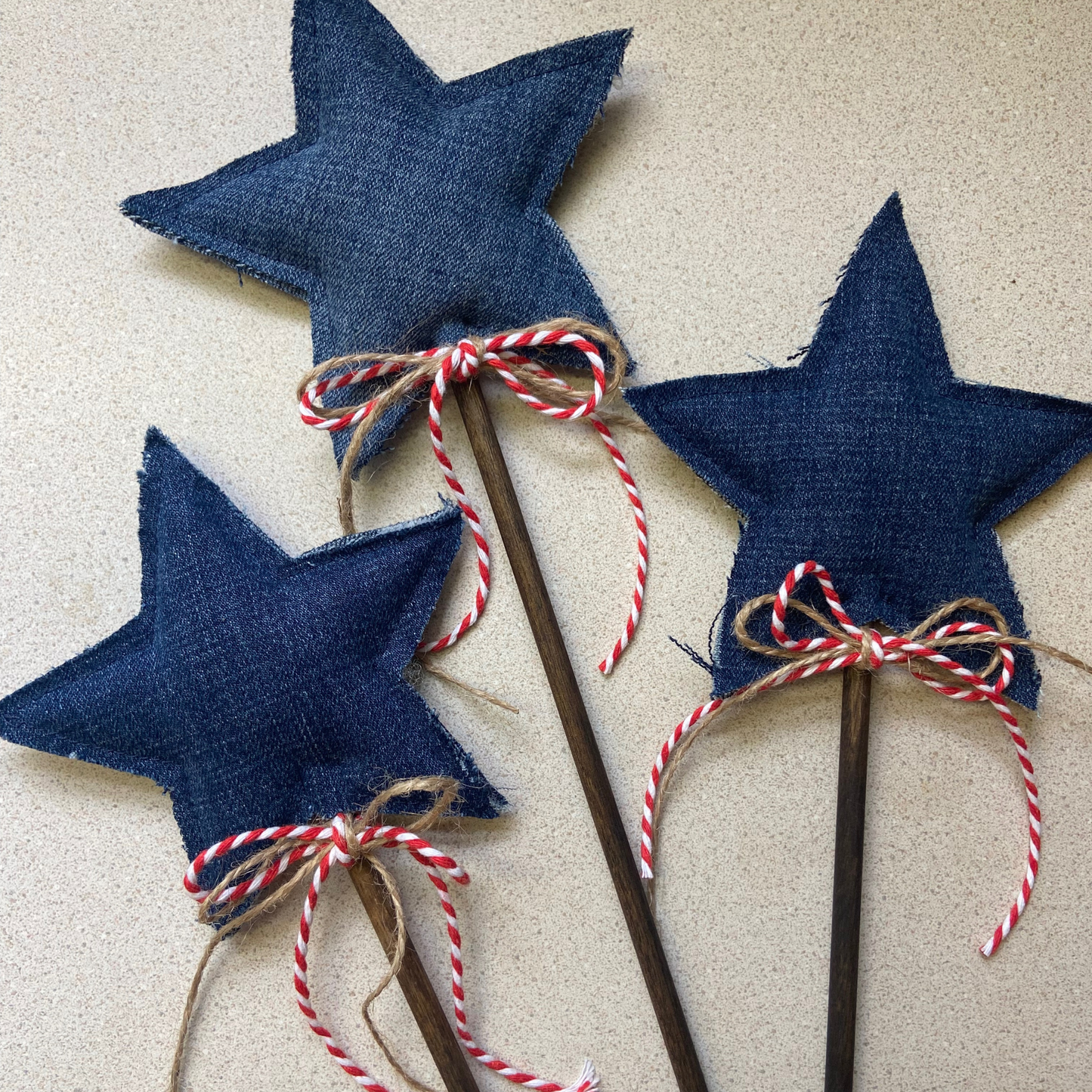 Patriotic Denim Star Wand with Twine Streamers for 4th of July Decor-set of 3