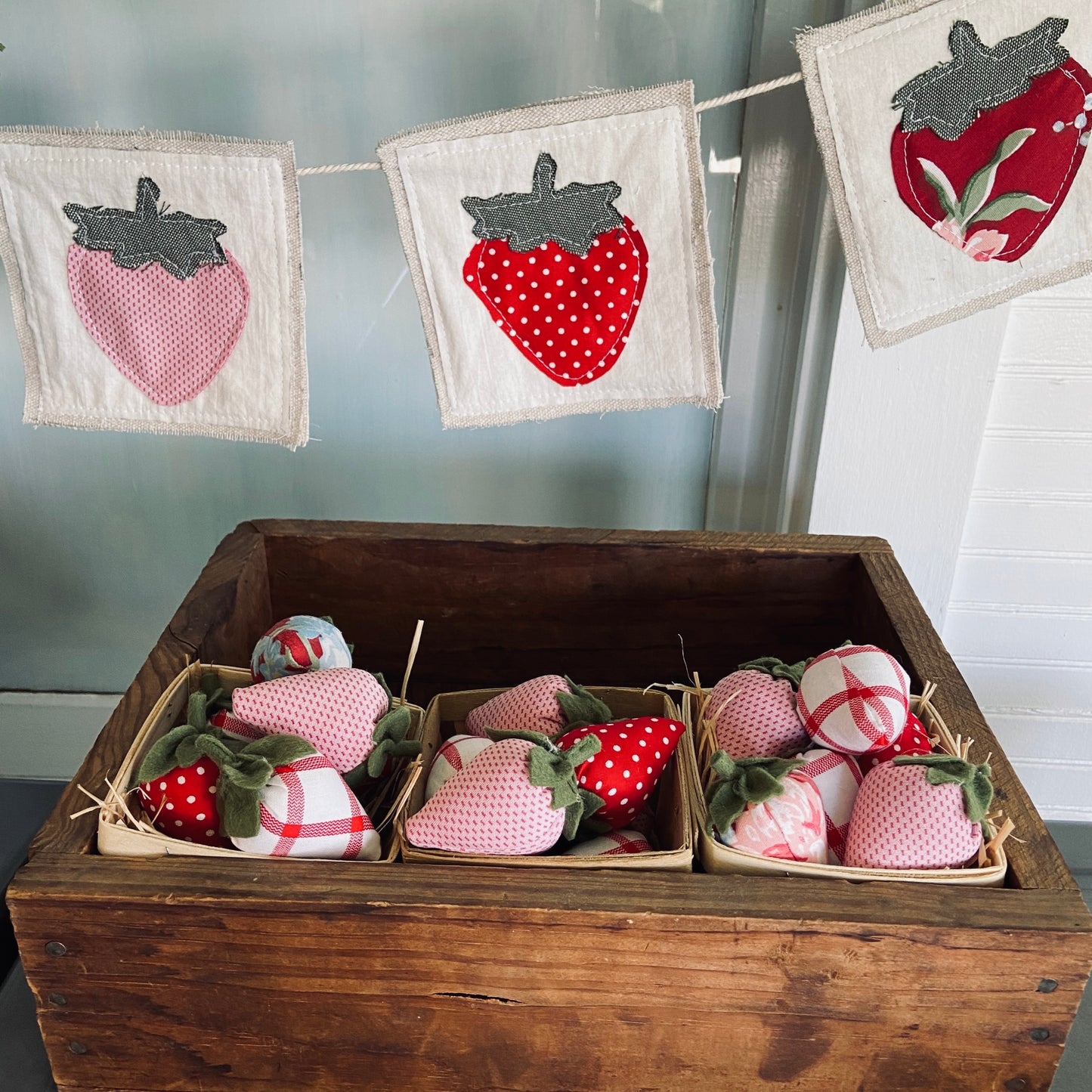 Canvas Strawberry Farmers Market Bunting Banner with Vintage Fabrics & Calico Prints