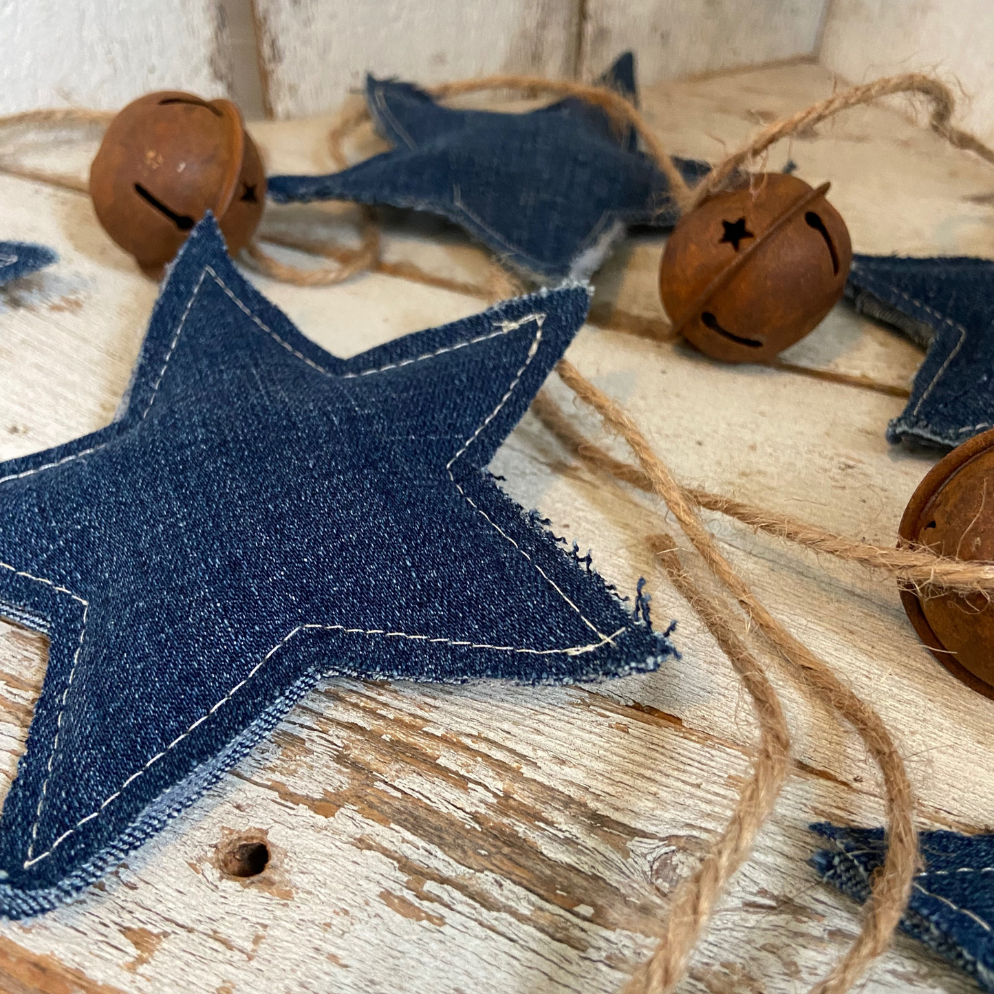 Denim Star Garland and Rustic Americana Bells for 4th of July Decor