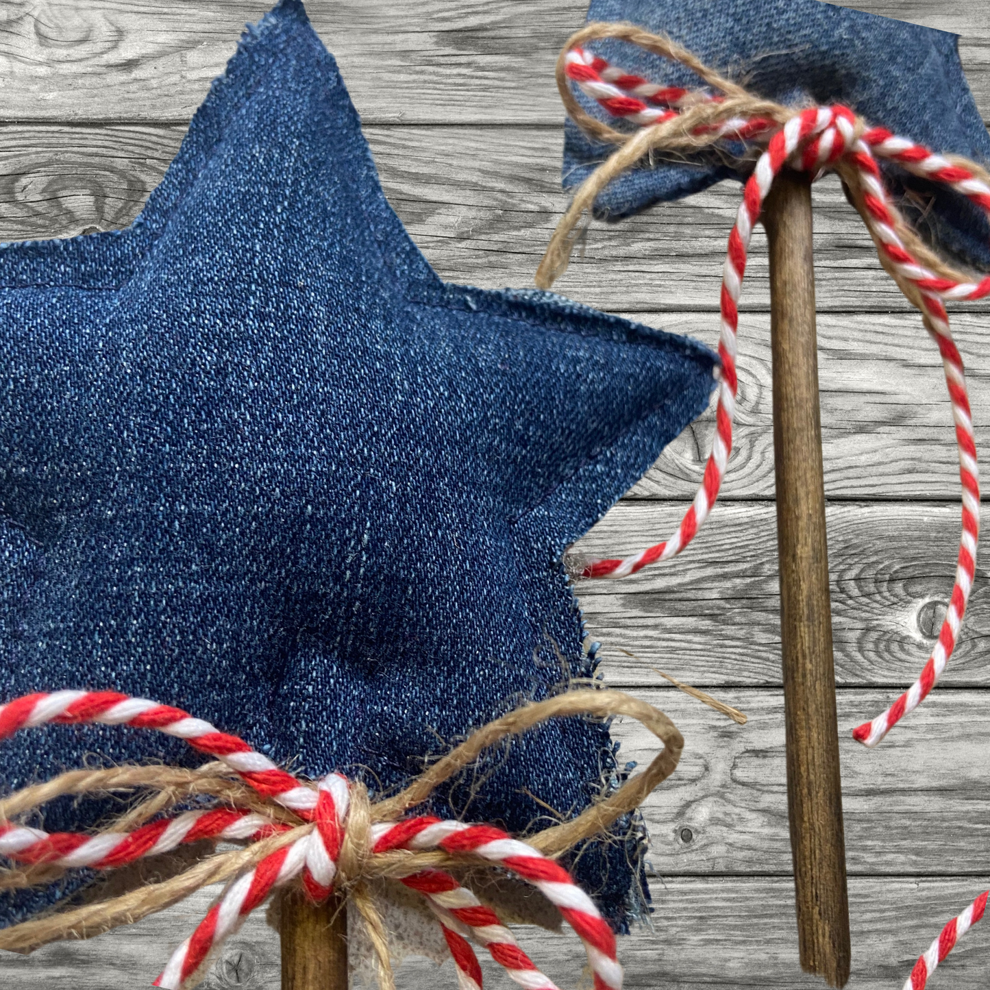 Patriotic Denim Star Wand with Twine Streamers for 4th of July Decor-set of 3