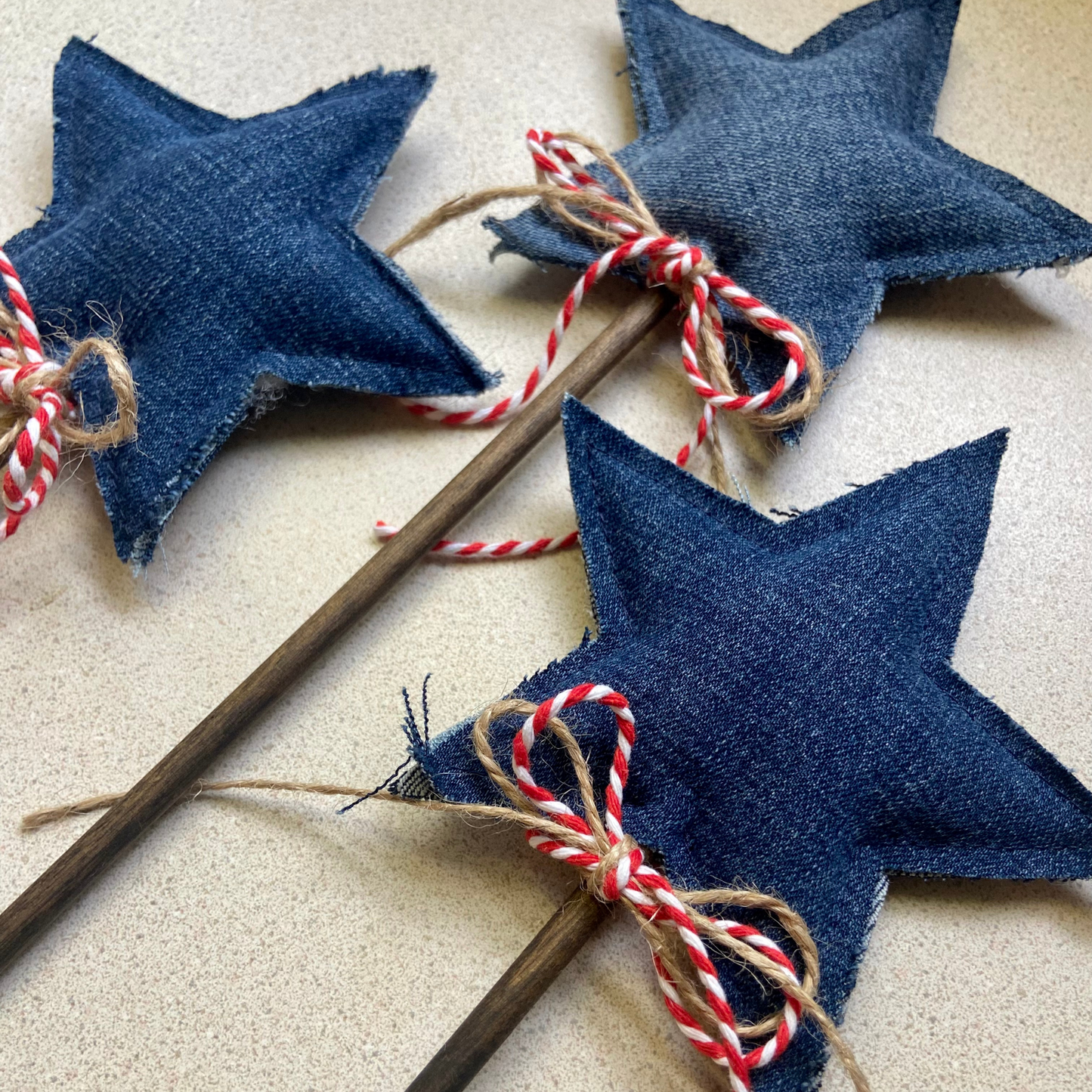 Patriotic Denim Star Wand with Twine Streamers for 4th of July Decor-set of 3
