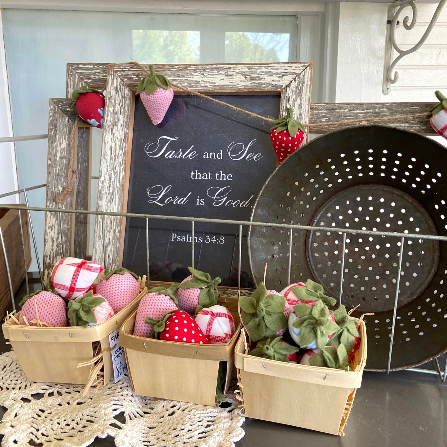 Fabric Strawberries from Vintage and Calico Prints for Tiered Trays Summer Farmhouse Decor
