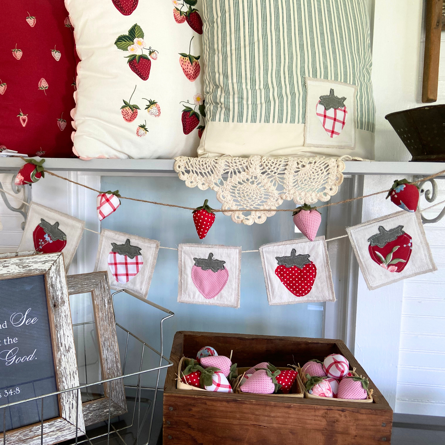 Fabric Strawberries Garland-3 feet, summer farmhouse decor, strawberry party