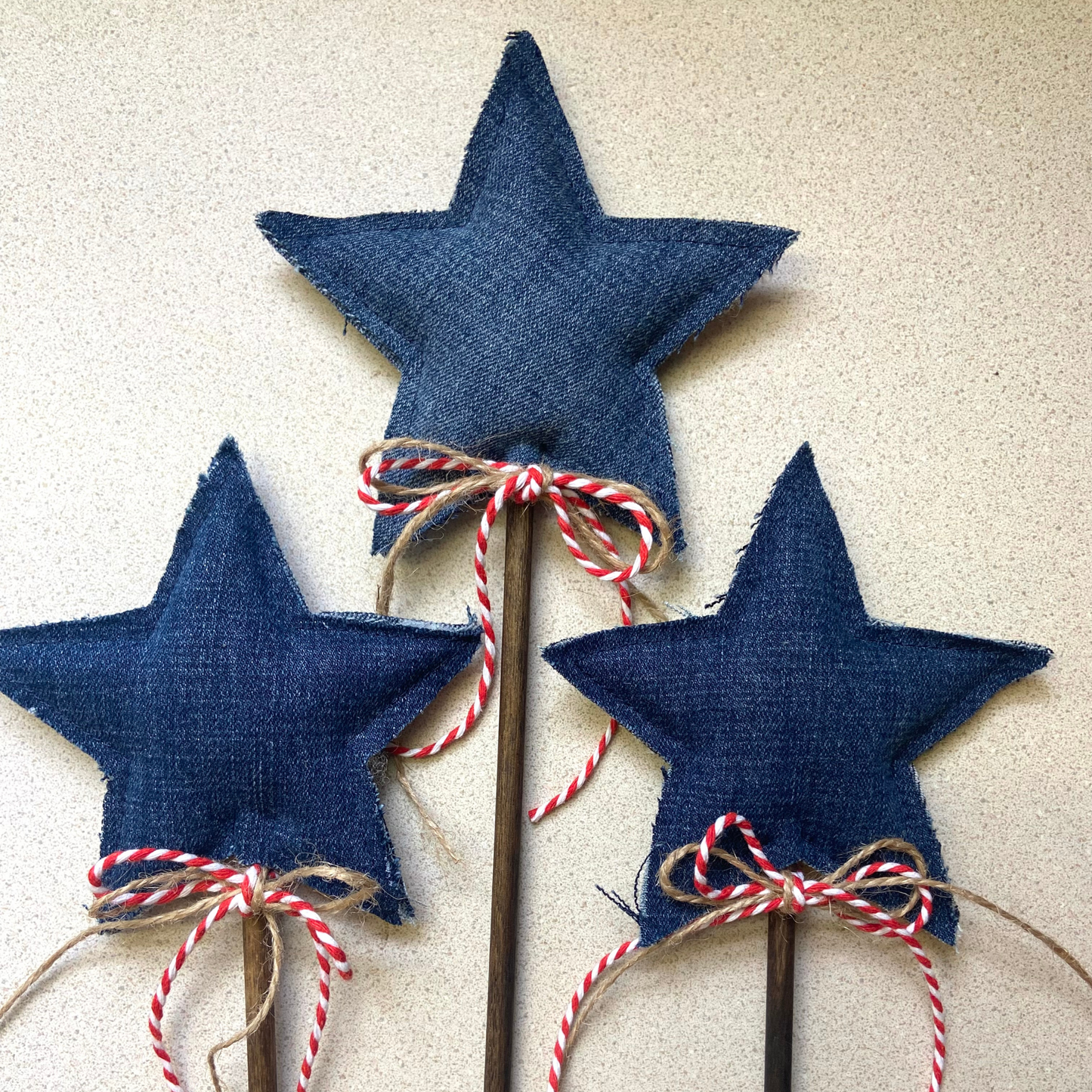 Patriotic Denim Star Wand with Twine Streamers for 4th of July Decor-set of 3