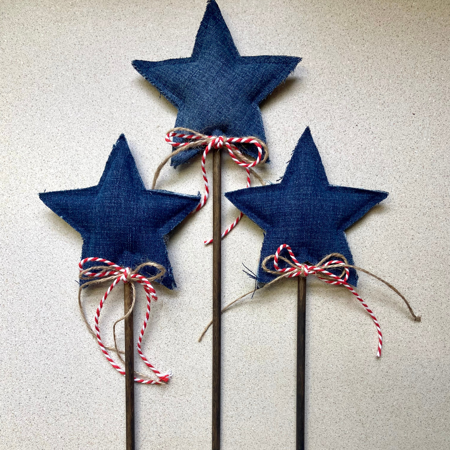 Patriotic Denim Star Wand with Twine Streamers for 4th of July Decor-set of 3
