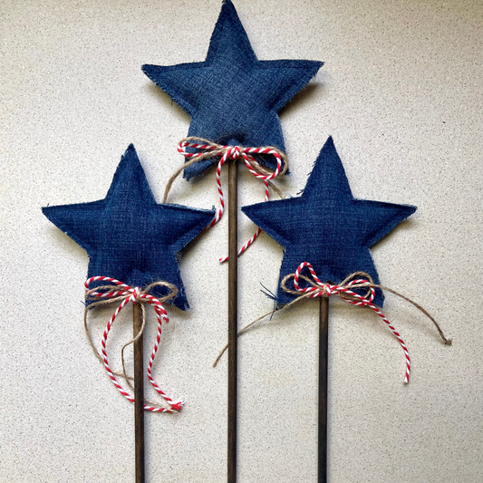 Patriotic Denim Star Wand with Twine Streamers for 4th of July Decor