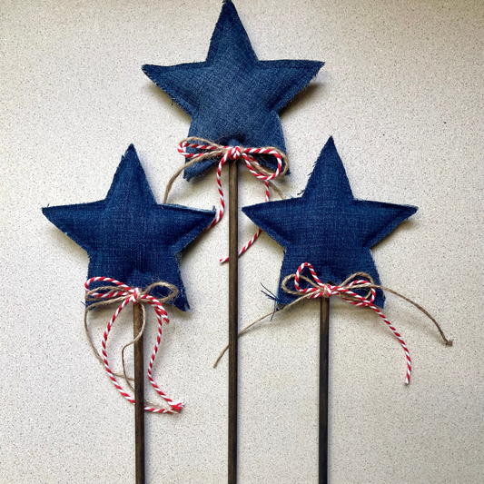Patriotic Denim Star Wand with Twine Streamers for 4th of July Decor-set of 3
