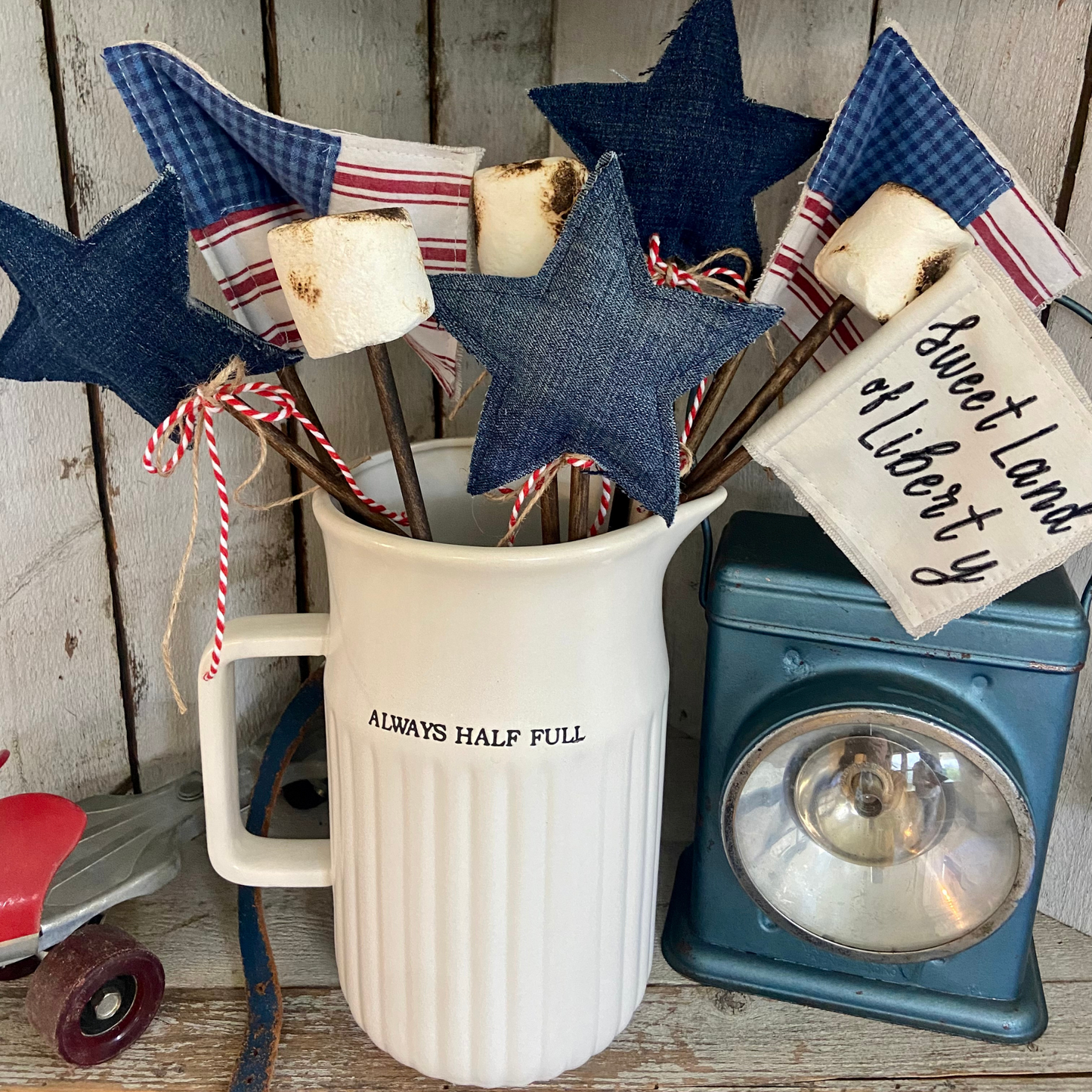 Patriotic Denim Star Wand with Twine Streamers for 4th of July Decor-set of 3