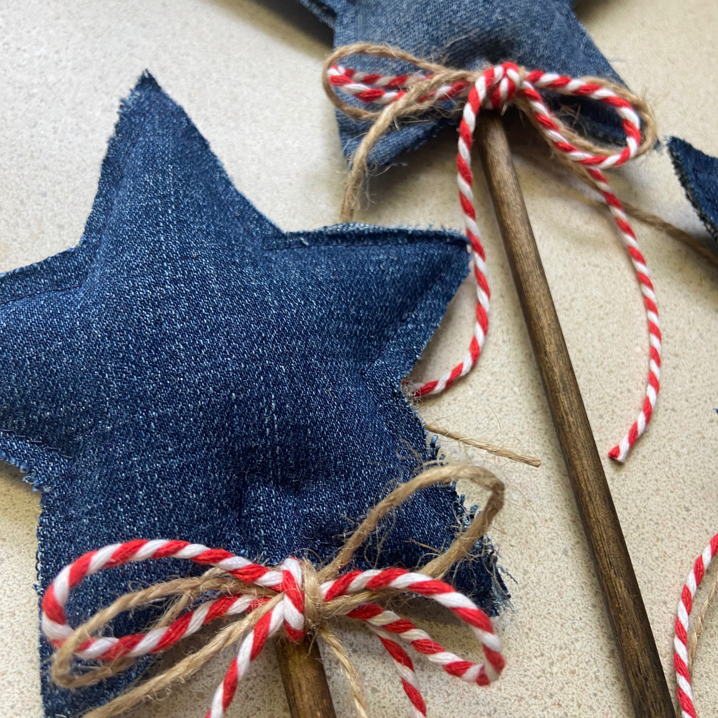 Patriotic Denim Star Wand with Twine Streamers for 4th of July Decor-set of 3