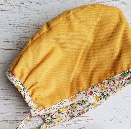 Reversible Baby Bonnet-Mustard Yellow & Floral Print