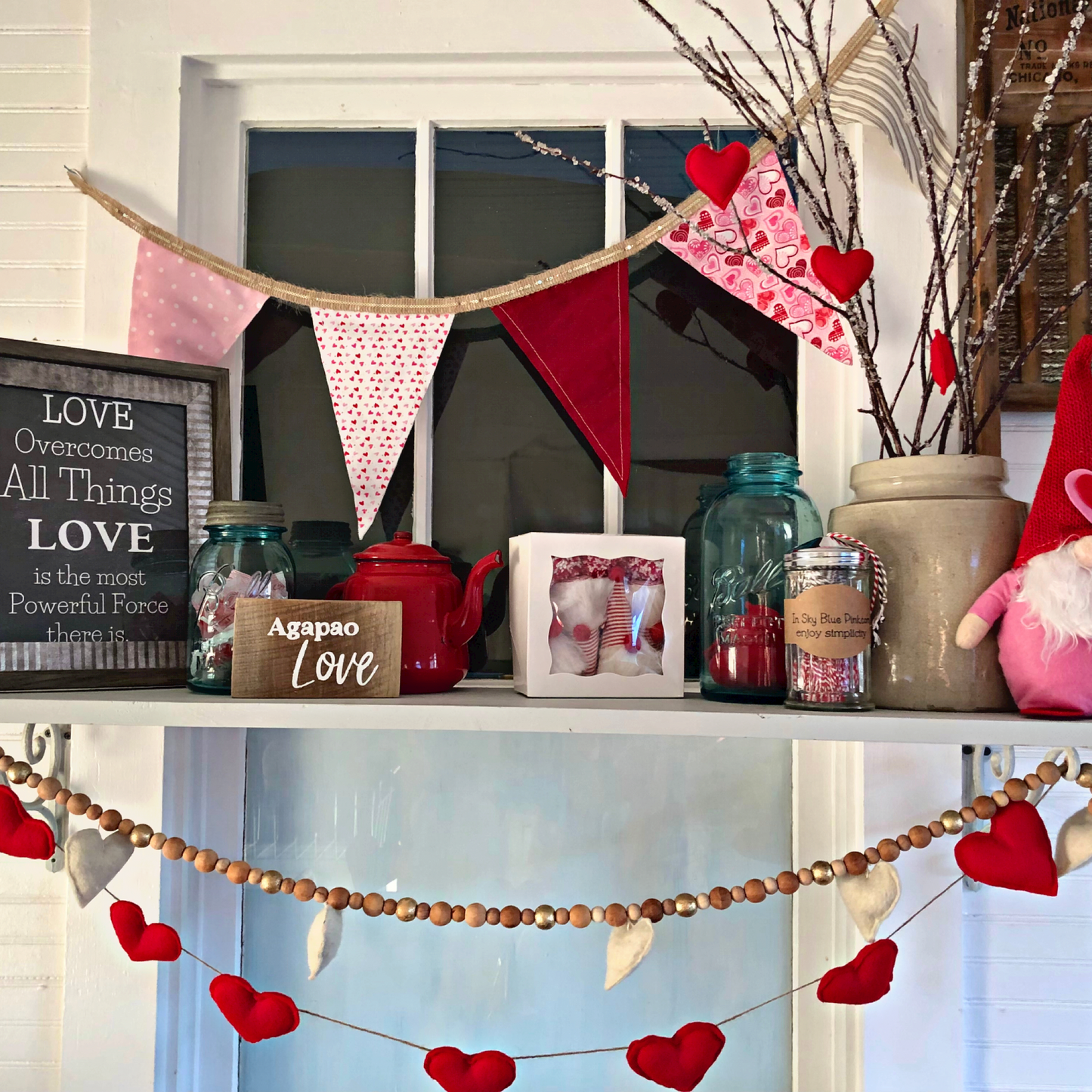 Valentine Hearts Farmhouse-Inspired Fabric Pennant Banner