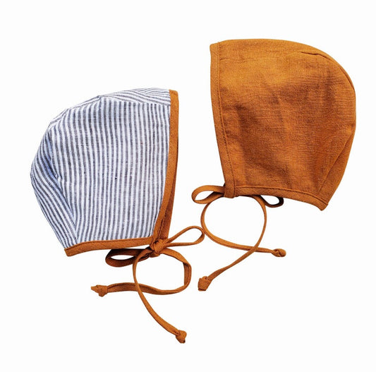 copper linen reversible baby bonnet