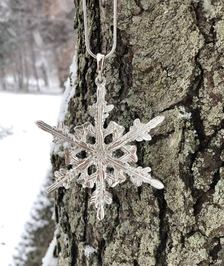 Large Pewter Snowflake Pendant w/ 26" Adjustable Rhodium Chain