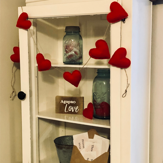 Felted Red Hearts Garland on Jute Twine-5 foot